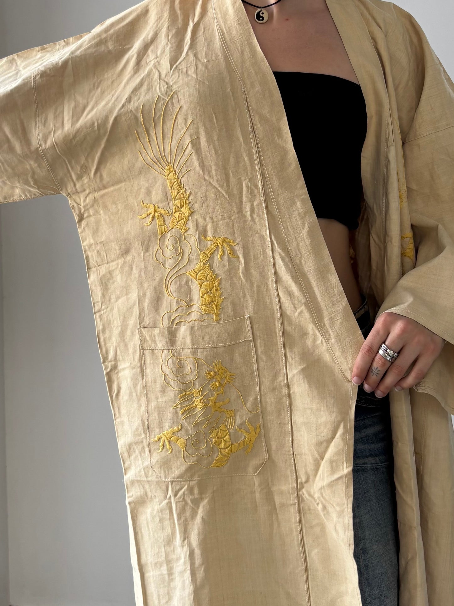 Vintage cotton kimono with dragon embroidery