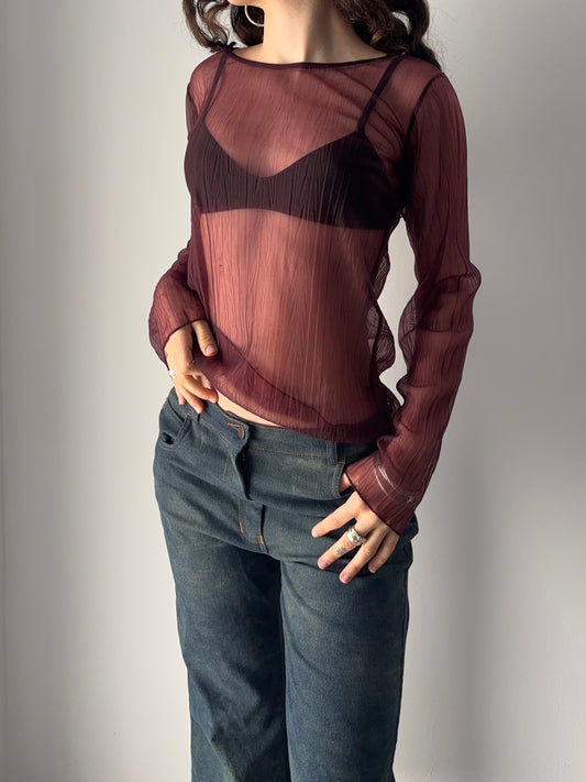 Burgundy mesh long sleeve top