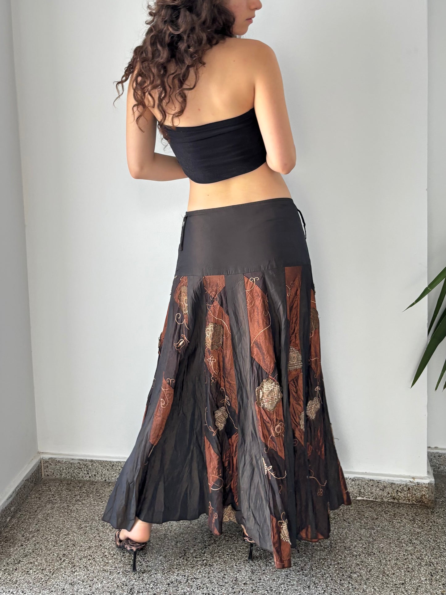 Brown maxi skirt with patchwork details