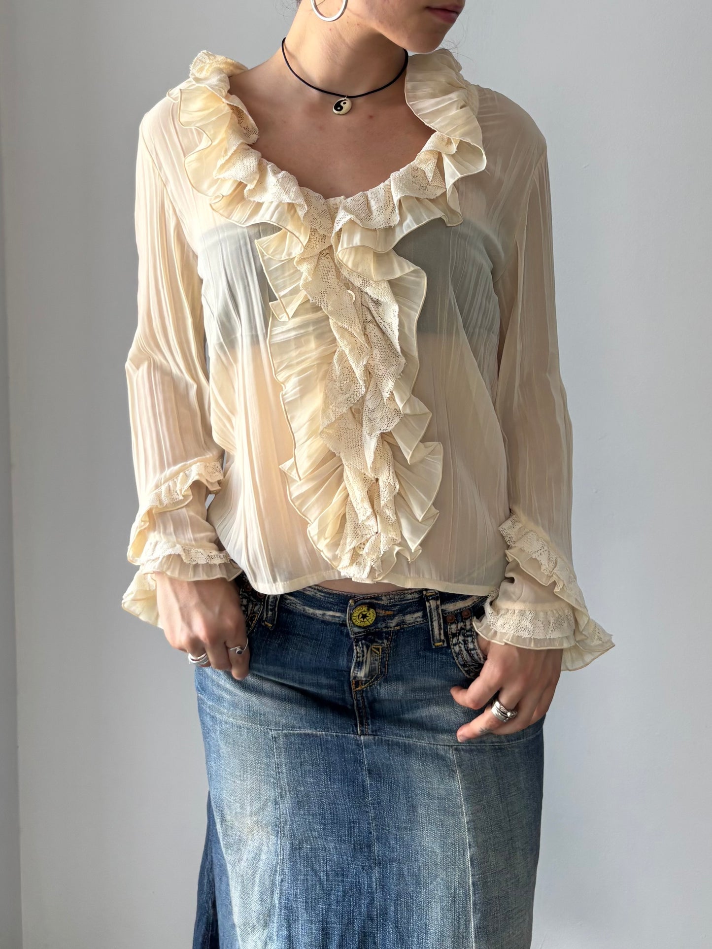 Cream mesh ruffle top
