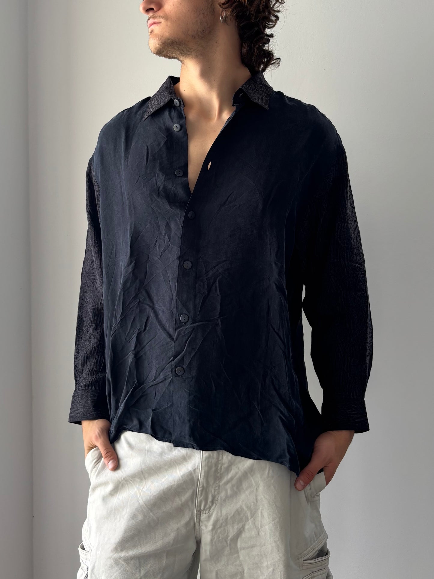 Long sleeve silk shirt with patterned sleeves