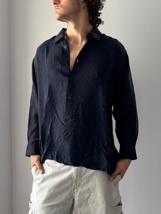 Long sleeve silk shirt with patterned sleeves