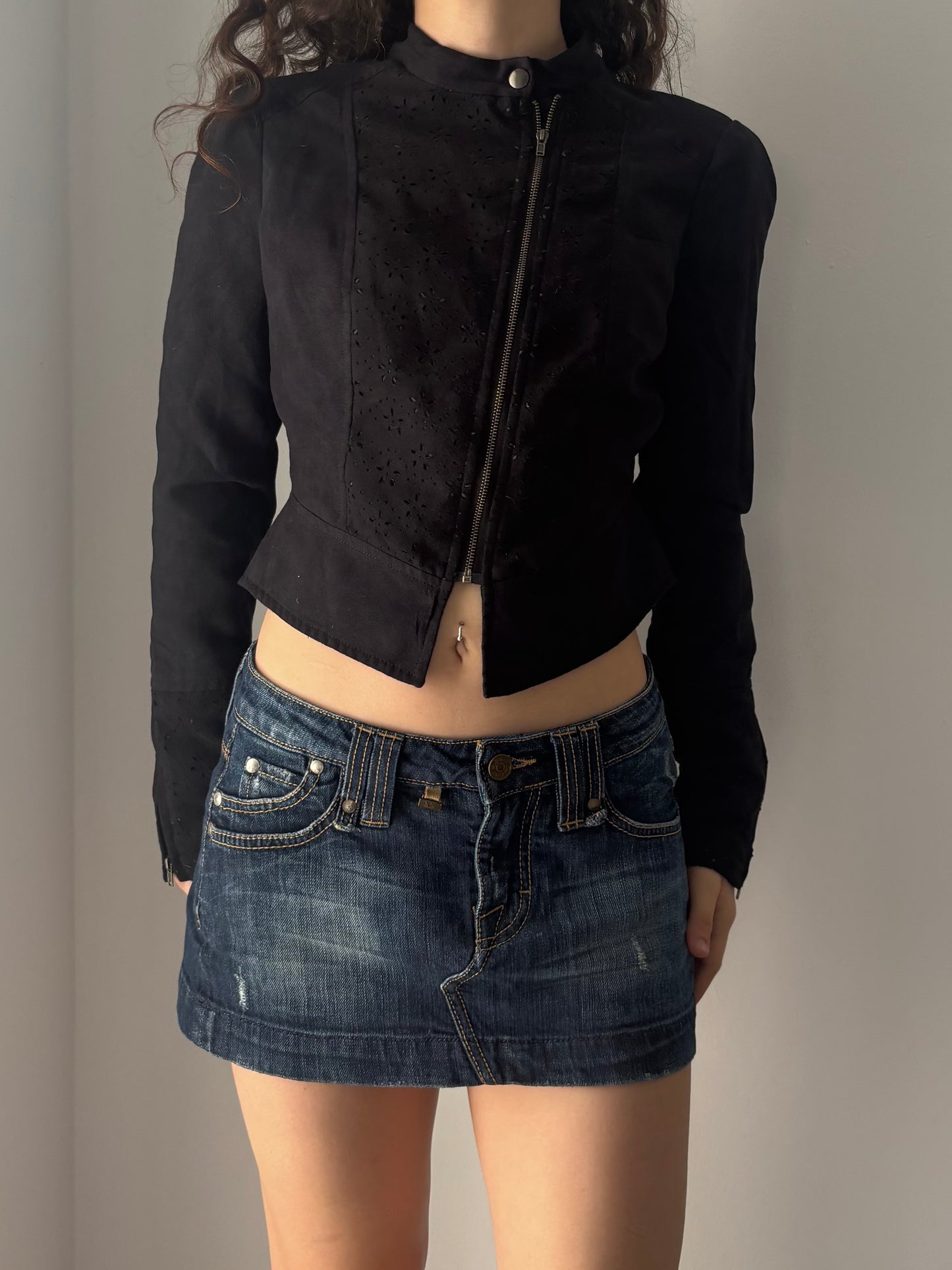 Black suede jacket with floral carvings