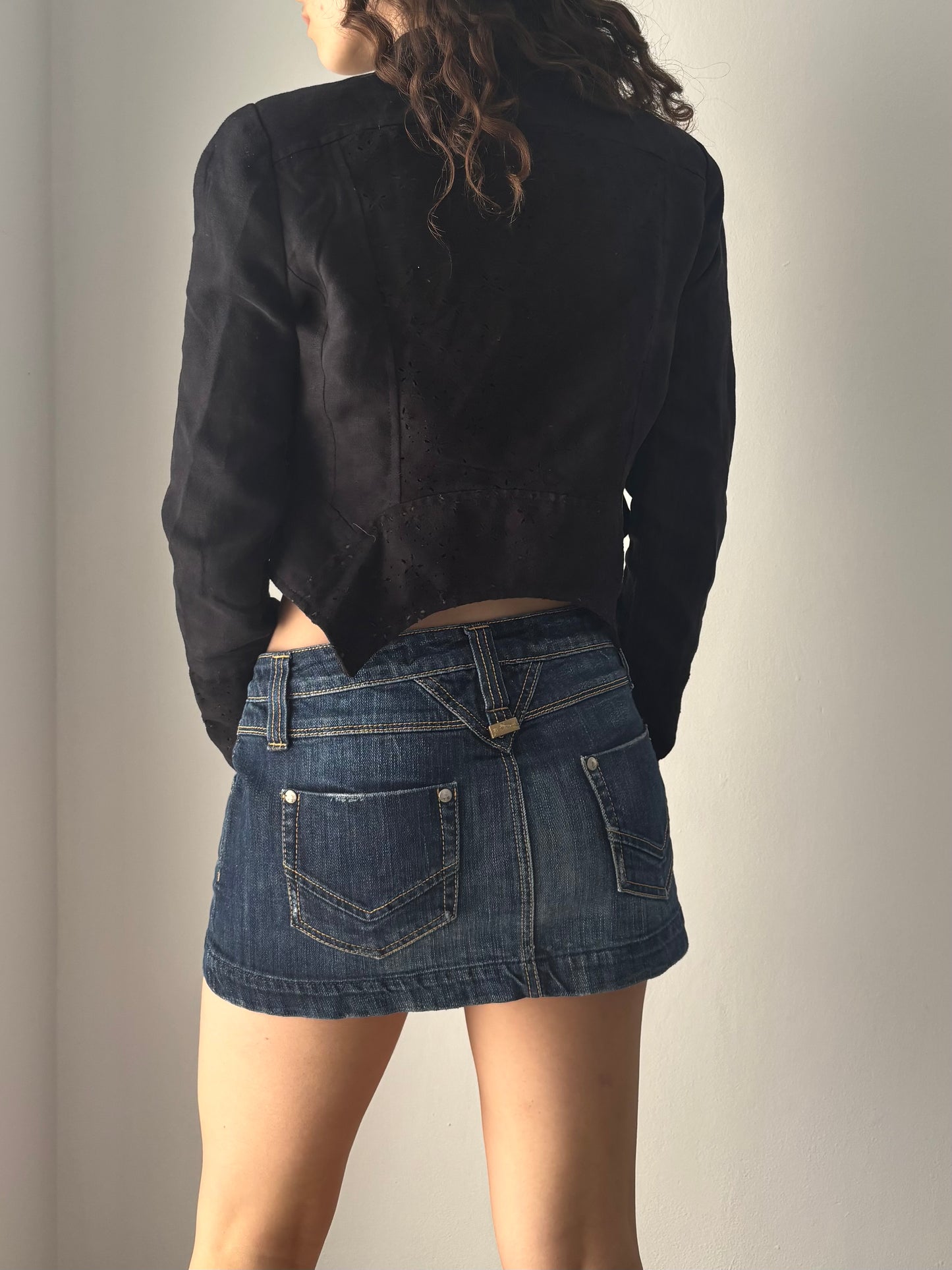 Black suede jacket with floral carvings