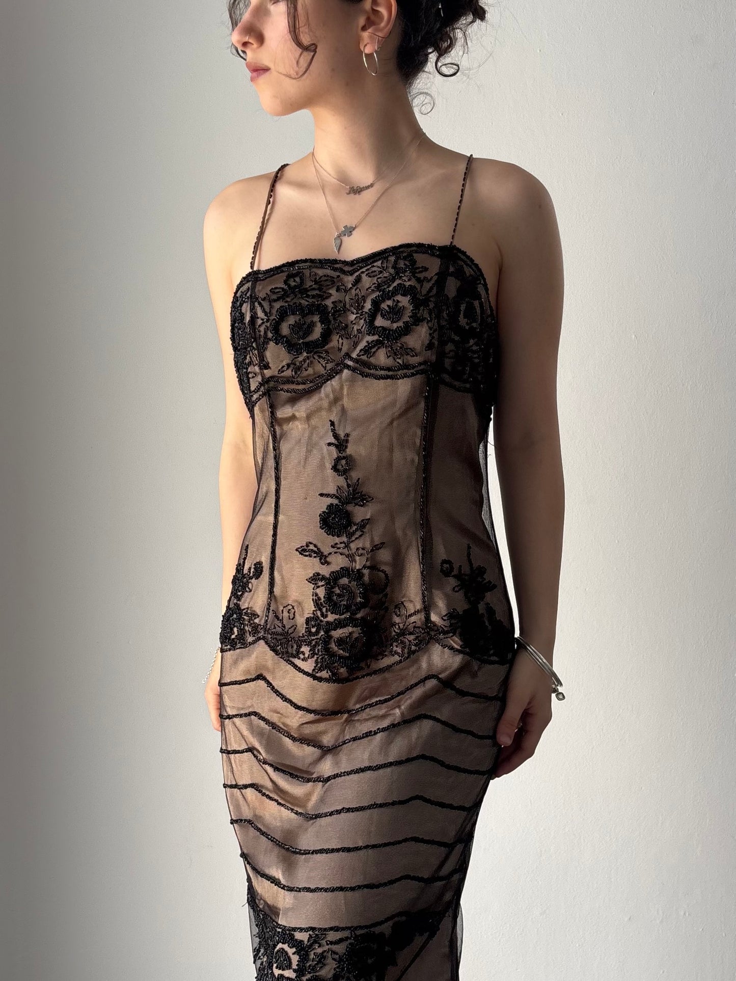 Vintage tan & black beaded formal dress