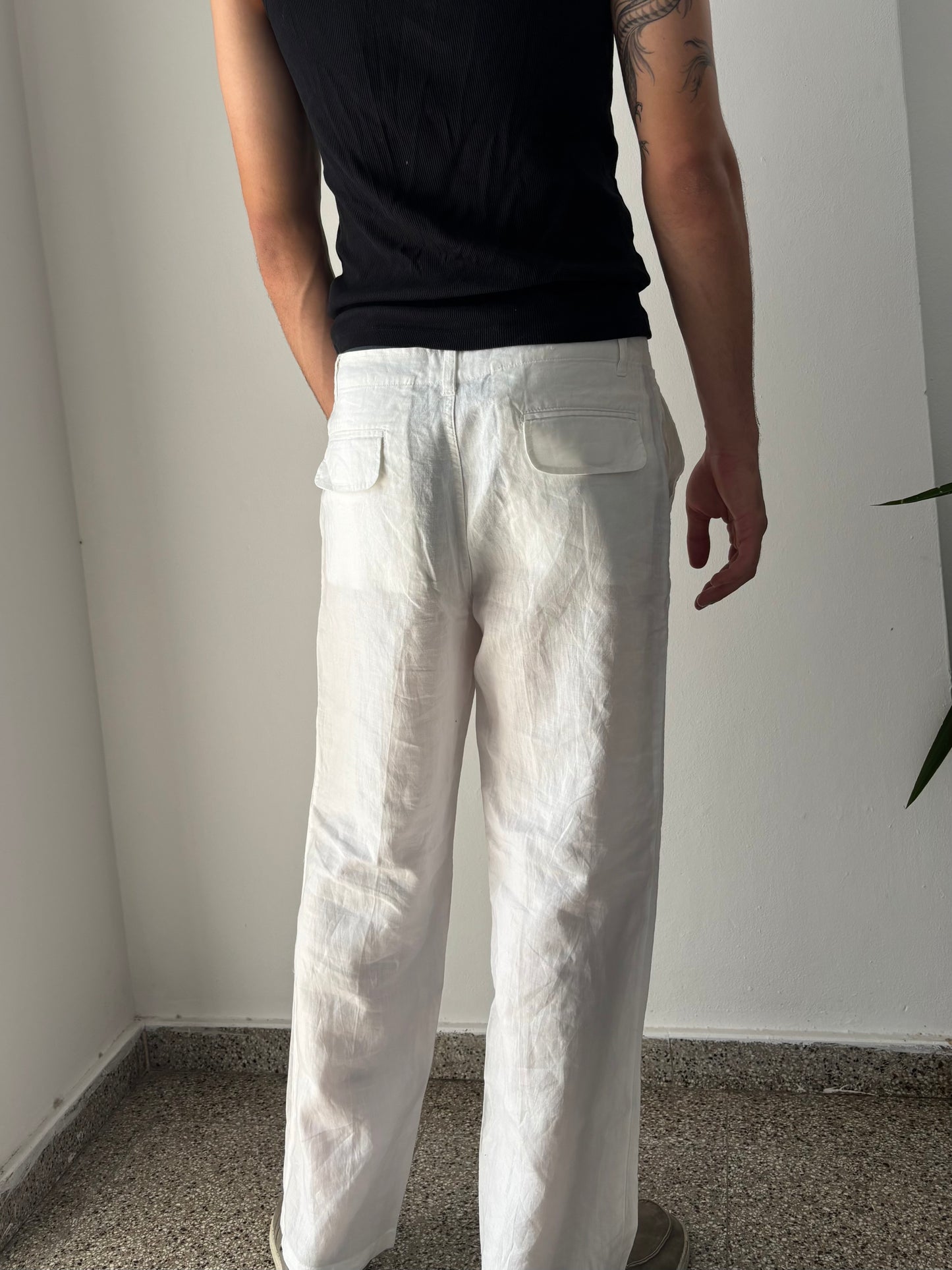 White baggy linen pants
