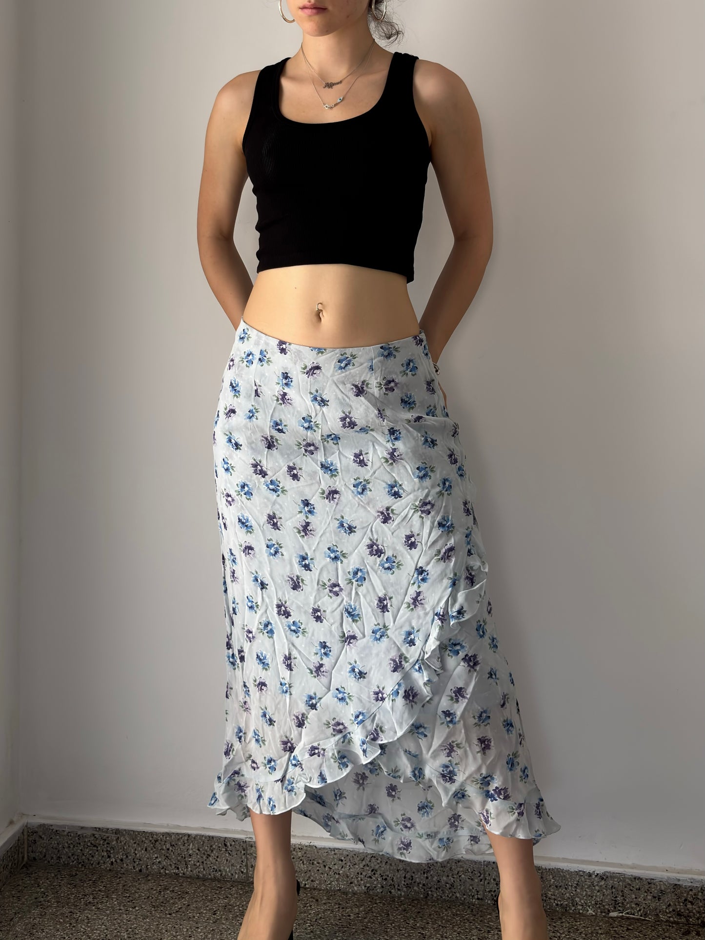 Baby blue floral maxi skirt with ruffles