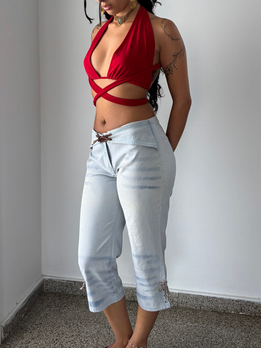 Light wash denim capris with tie details