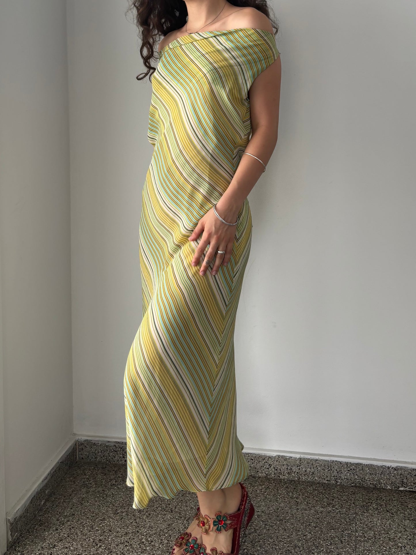 Green & yellow striped maxi dress