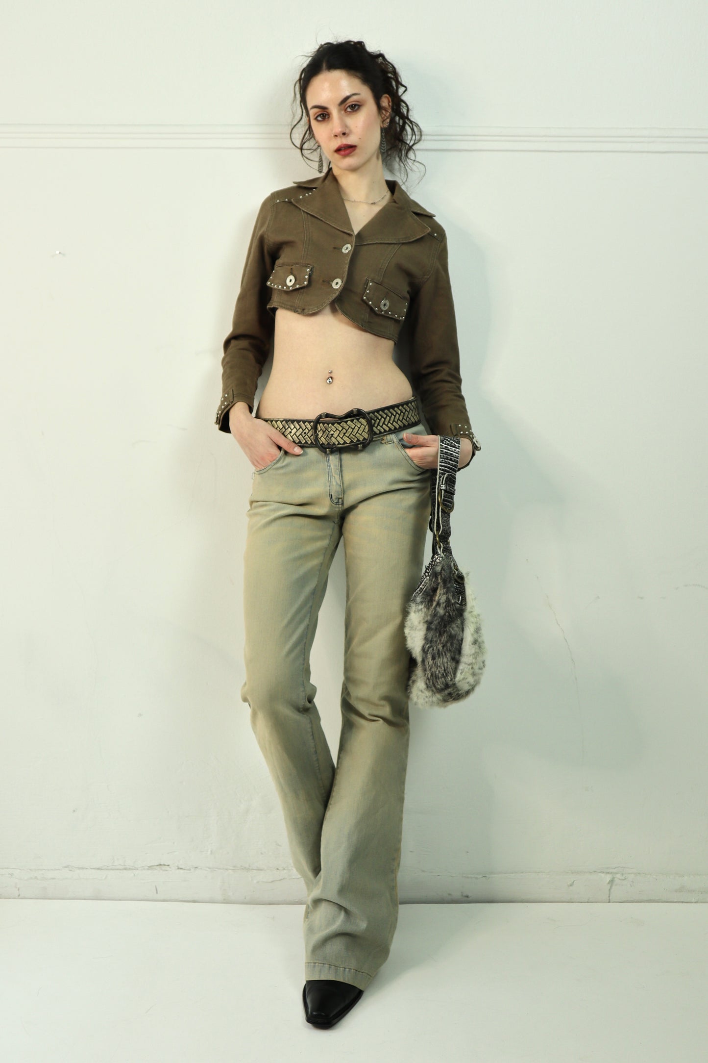 Brown cropped blazer with studs