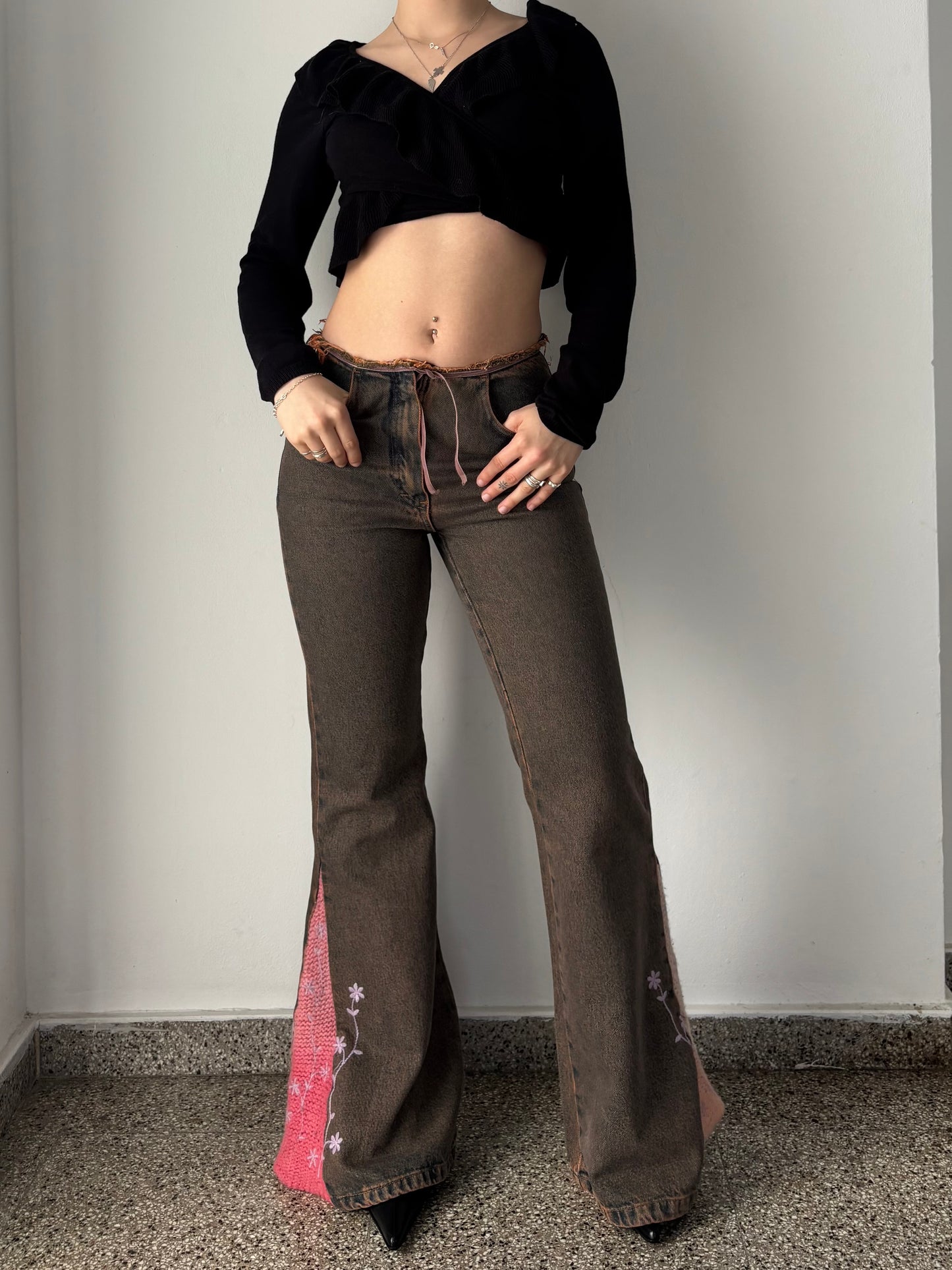 Crochet bell bottom jeans with flower embroidery