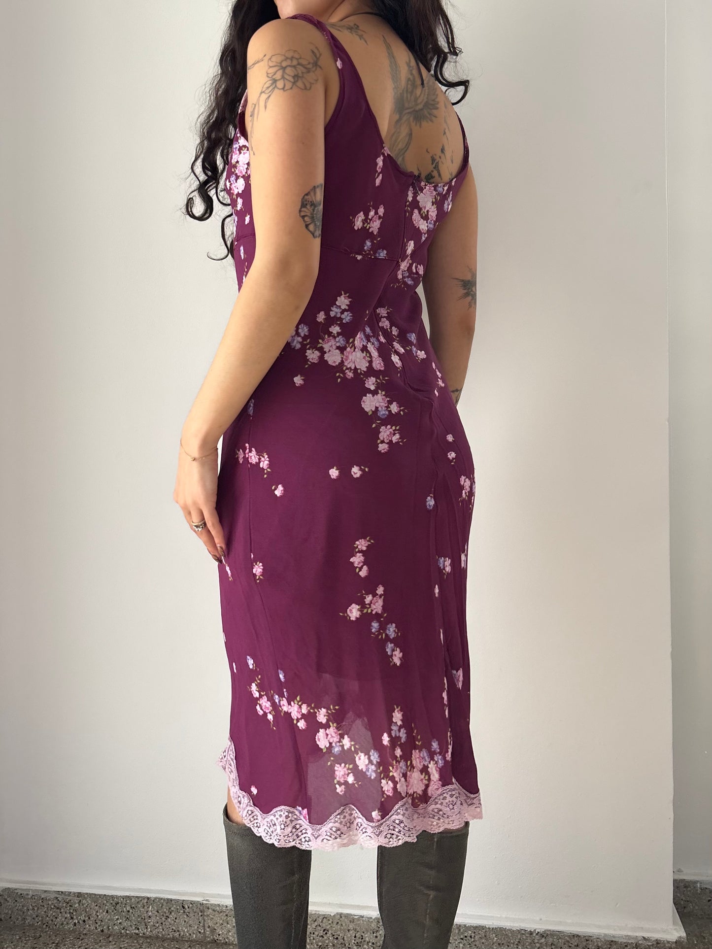Purple floral dress with lace trims