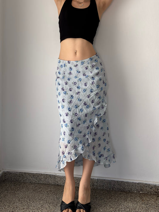 Baby blue floral maxi skirt with ruffles