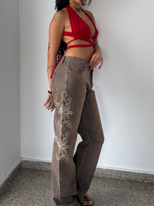 Brown flare pants with flower embroidery