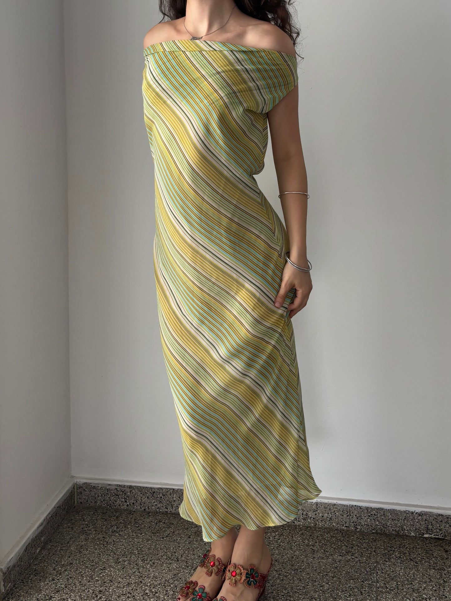 Green & yellow striped maxi dress
