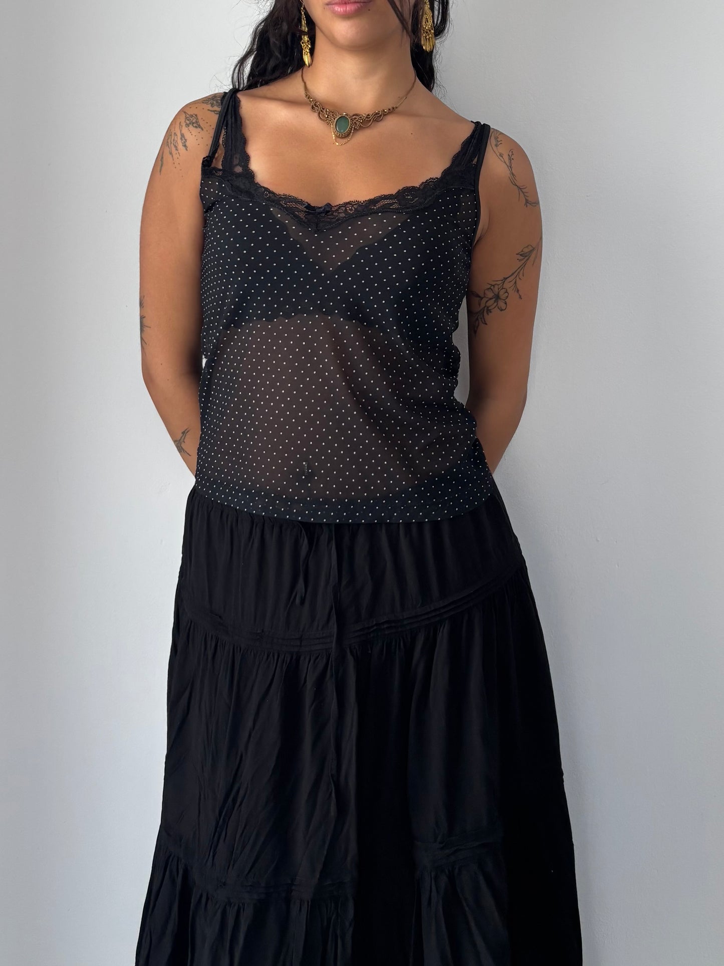 Black polka dot mesh top