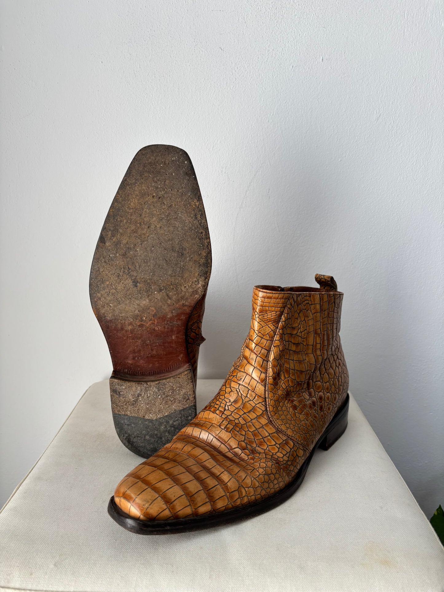 Brown croc leather boots
