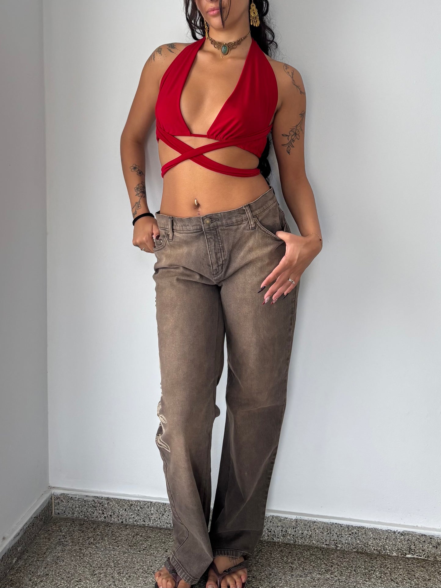 Brown flare pants with flower embroidery