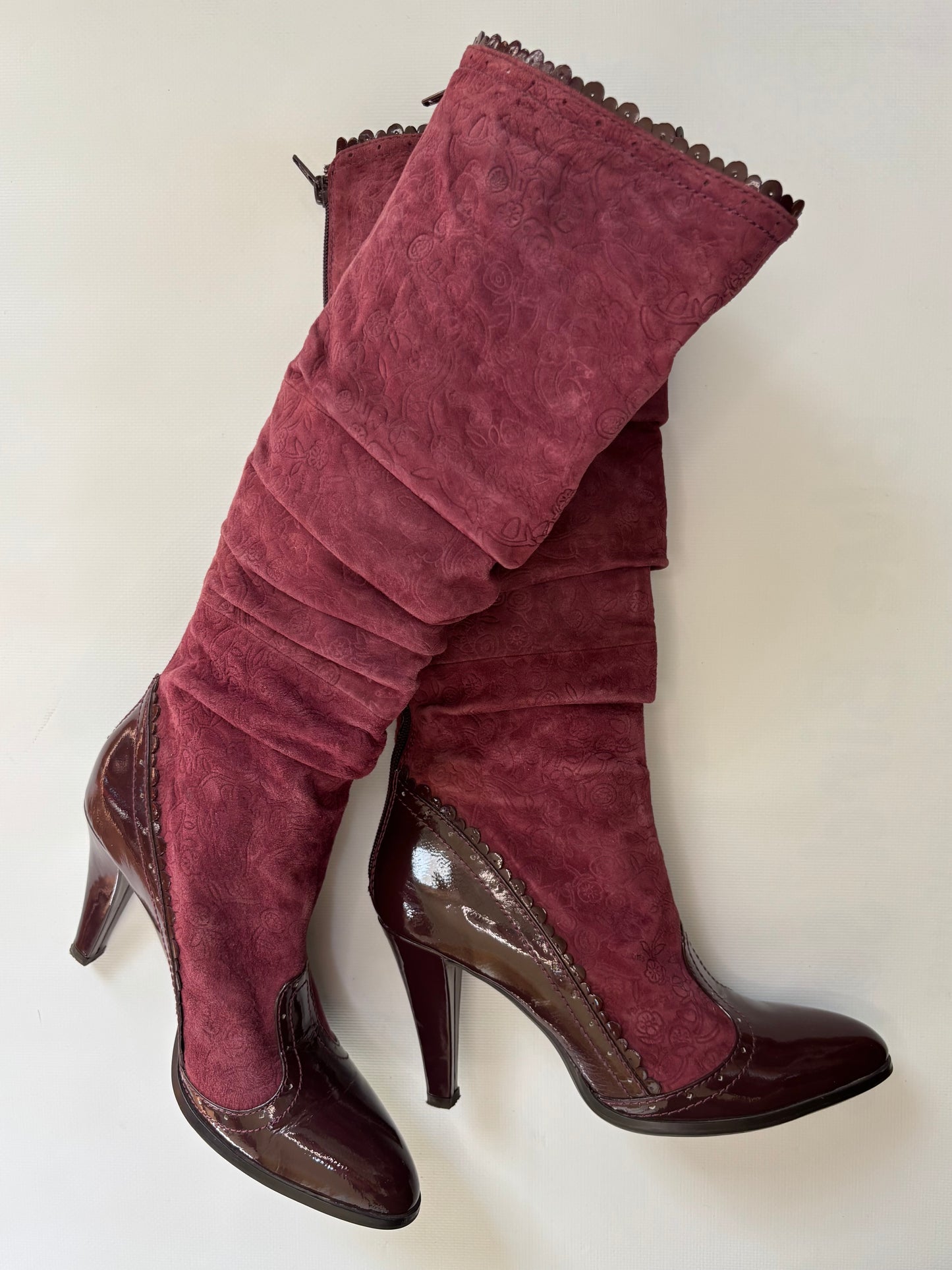Burgundy suede heeled boots