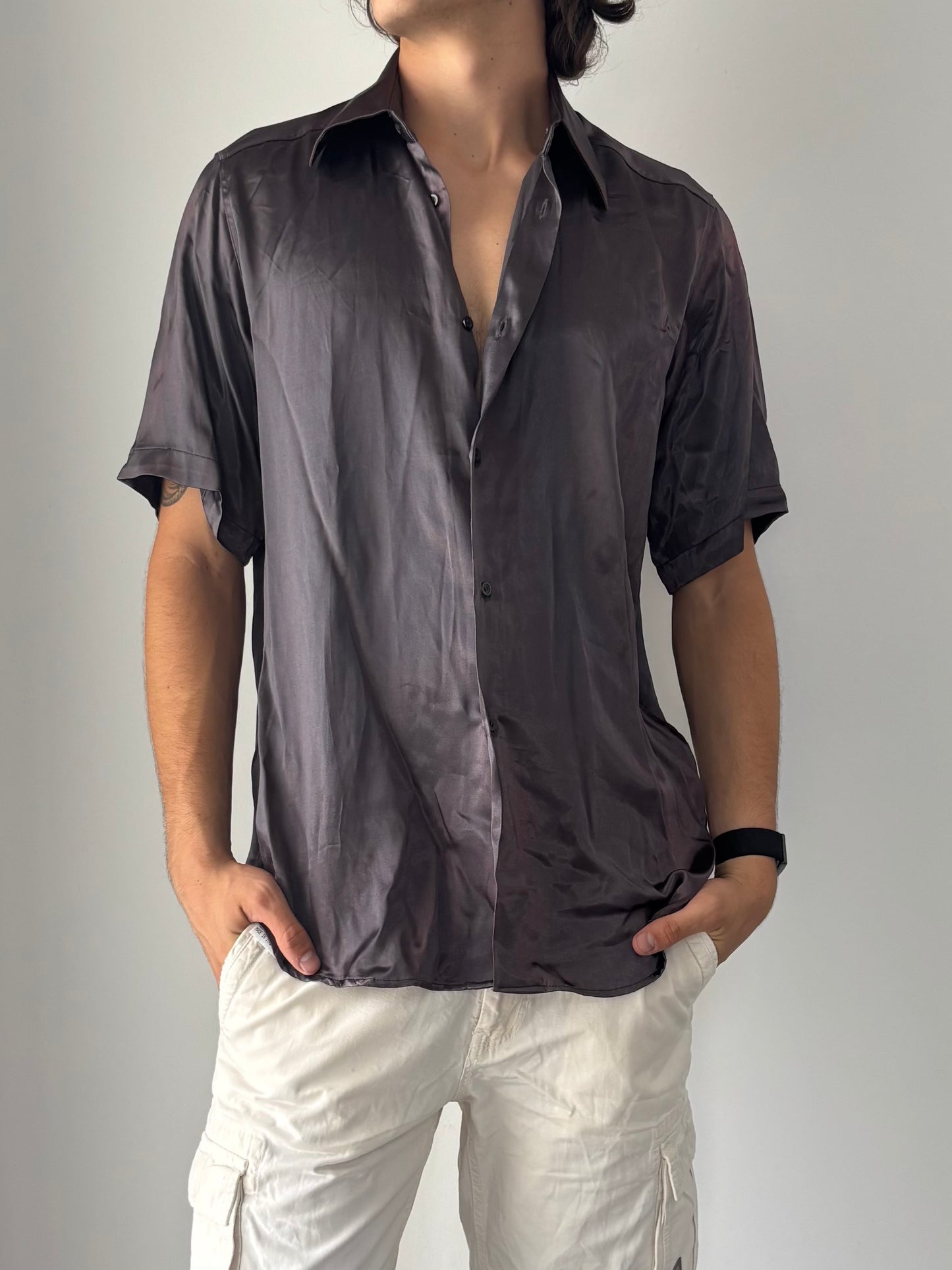 Purple satin button up shirt