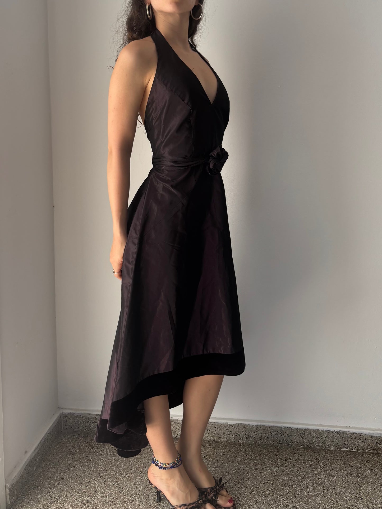 Purple 90s prom dress with open back