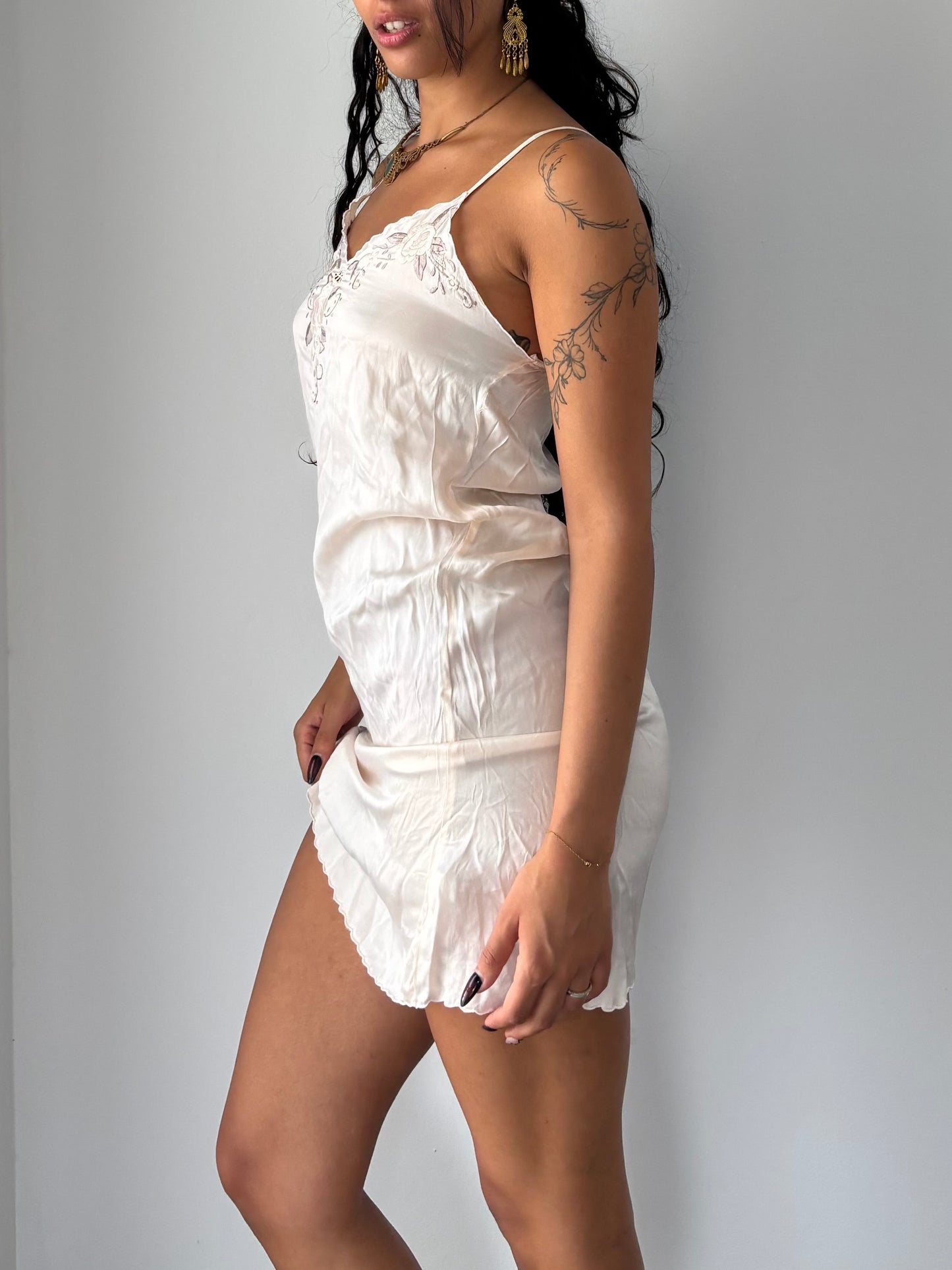 Light pink slip dress with roses