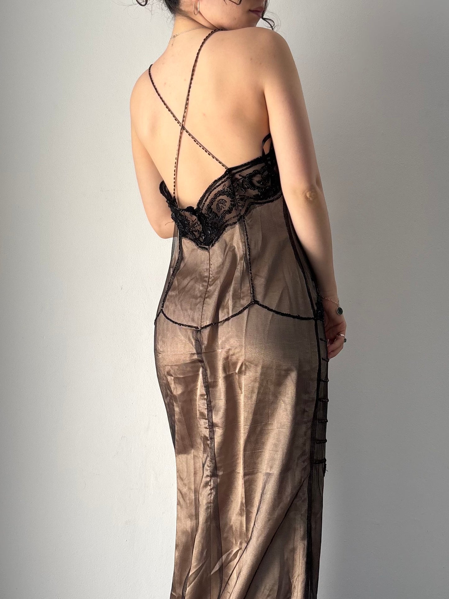 Vintage tan & black beaded formal dress