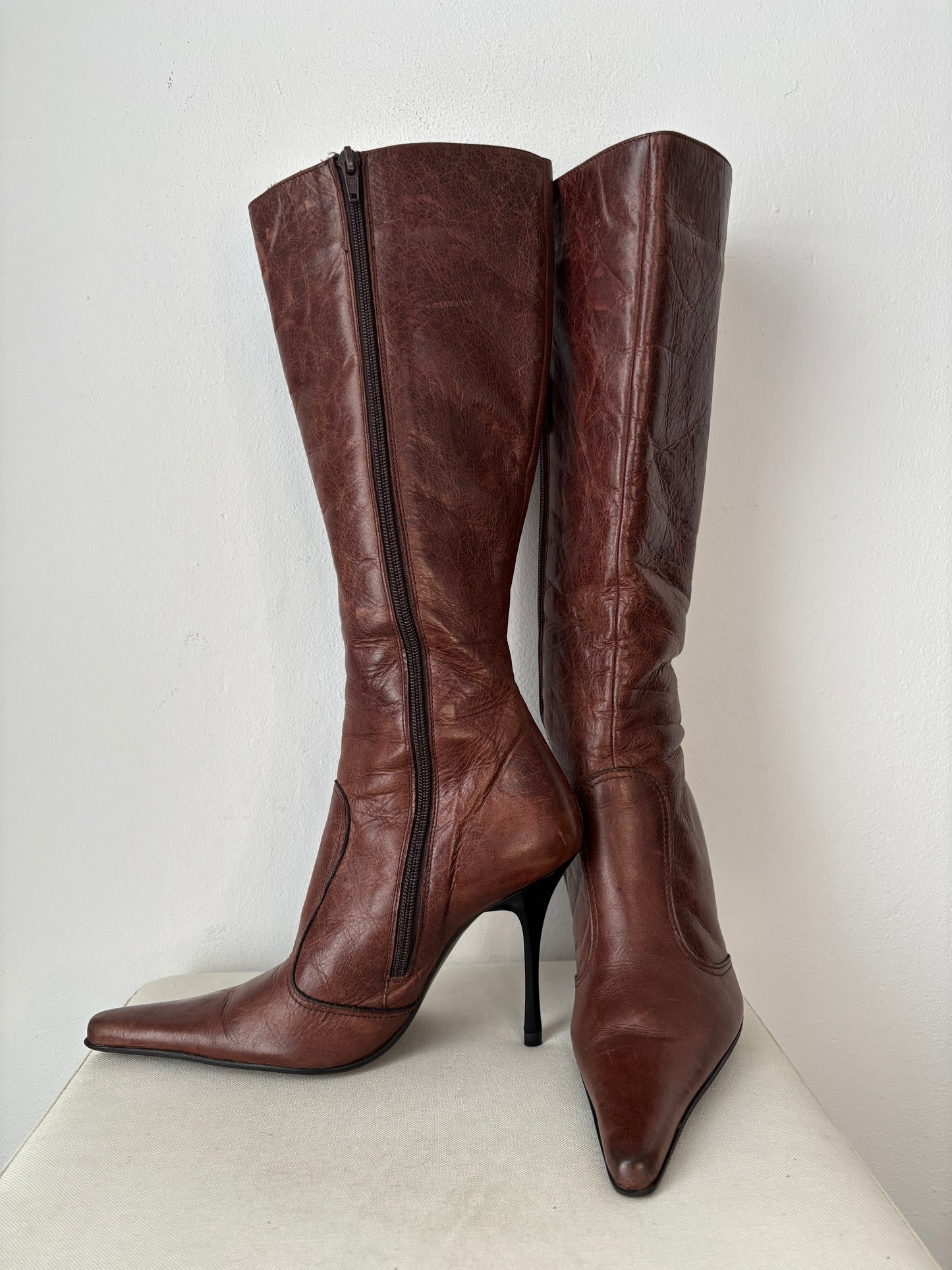 Brown leather heeled boots