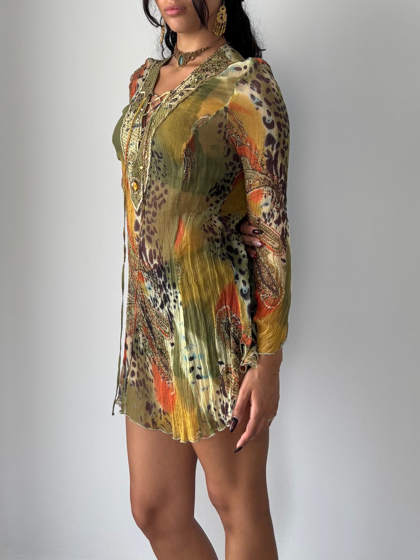 Animal print see through cover up with beading