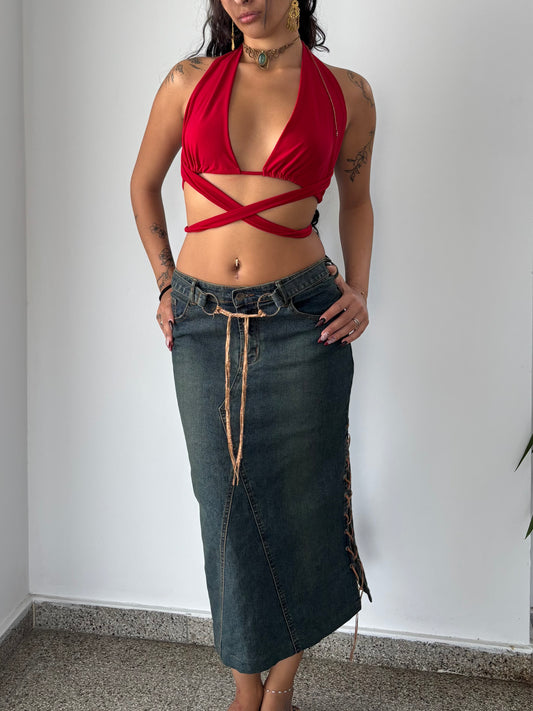 Y2K maxi denim skirt with tie details