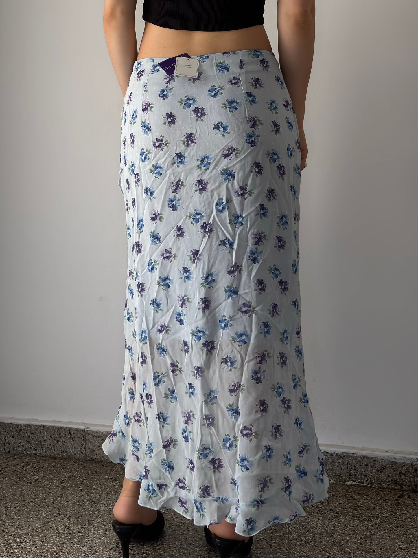 Baby blue floral maxi skirt with ruffles