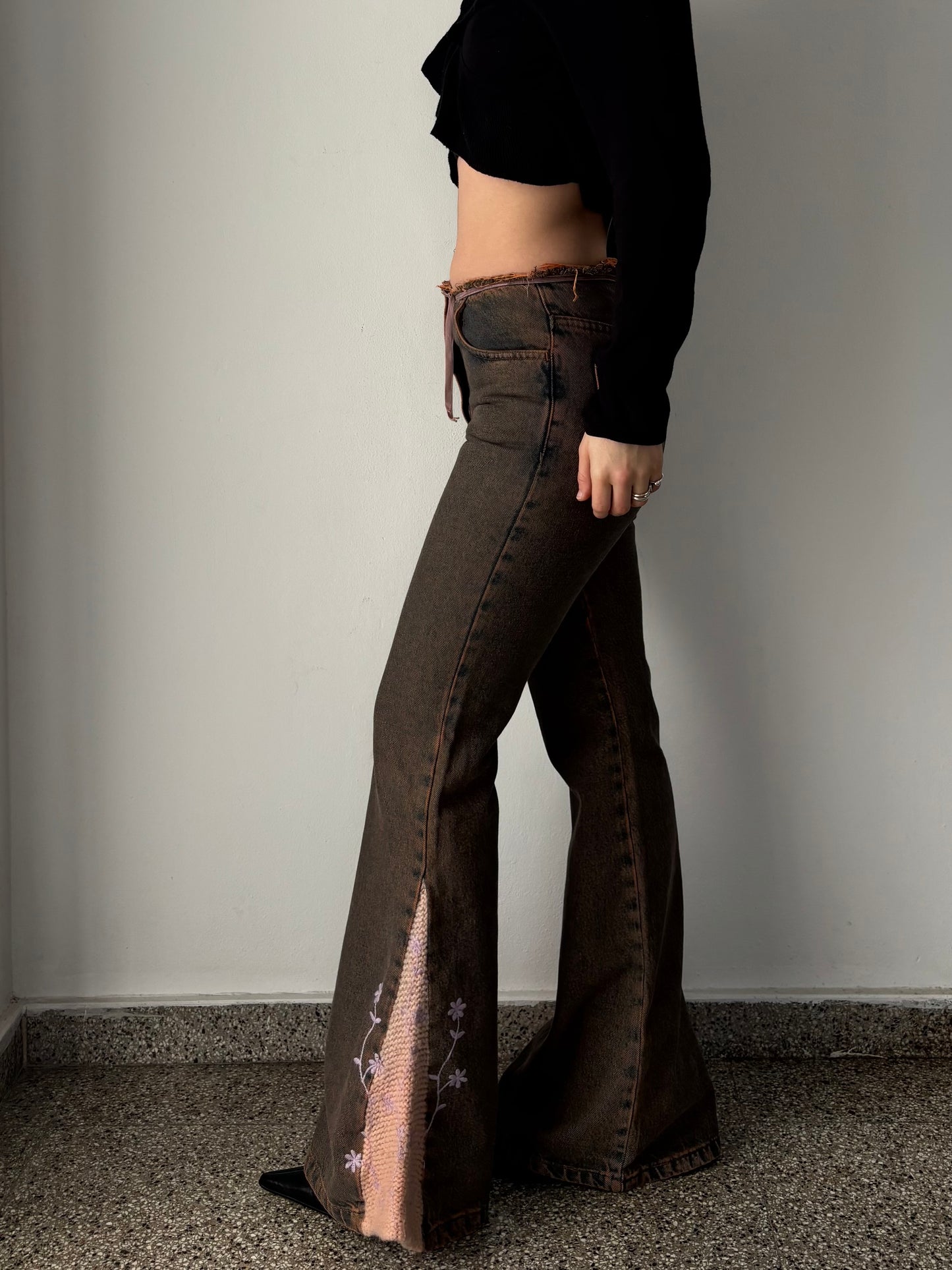 Crochet bell bottom jeans with flower embroidery