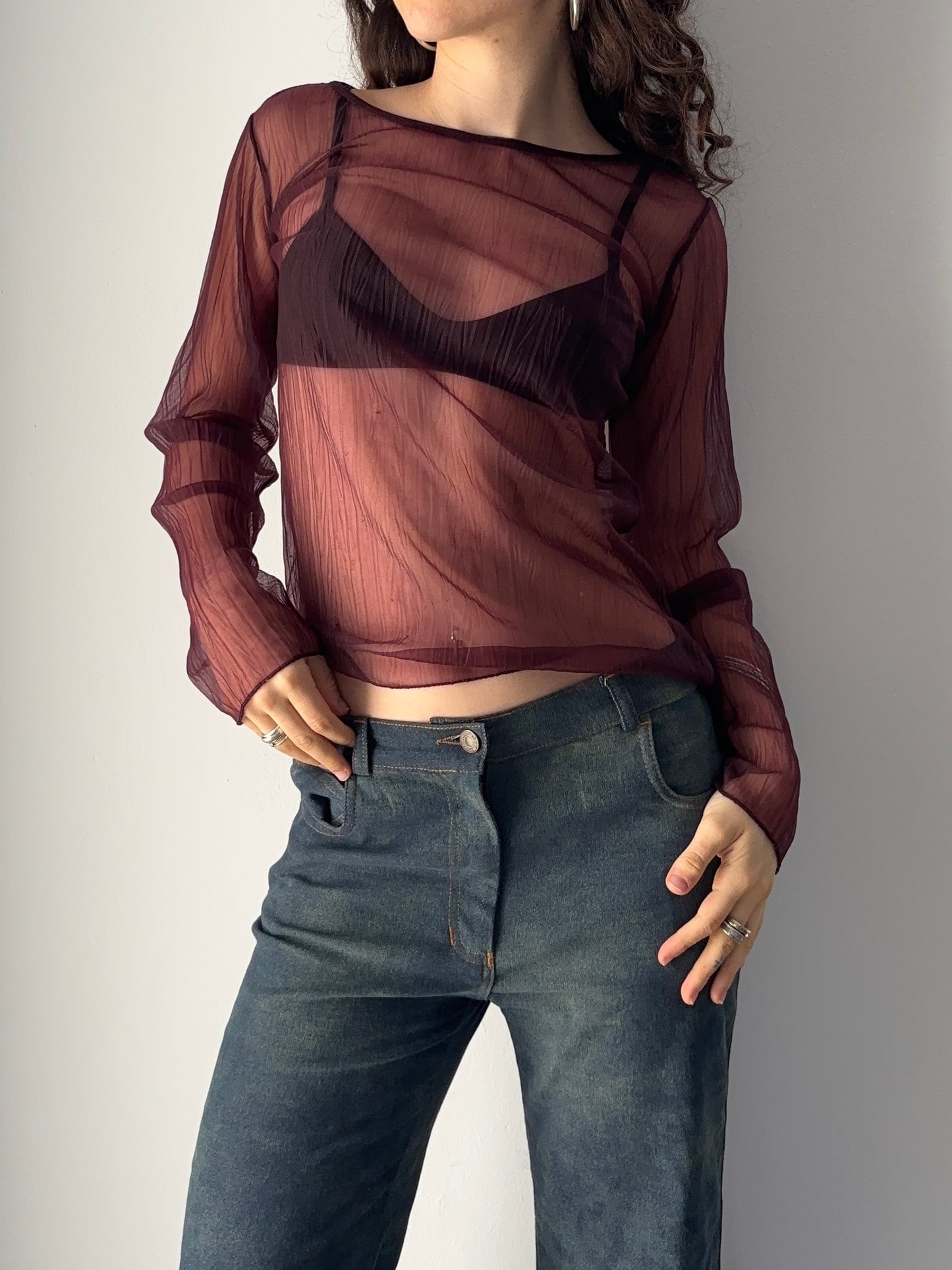 Burgundy mesh long sleeve top