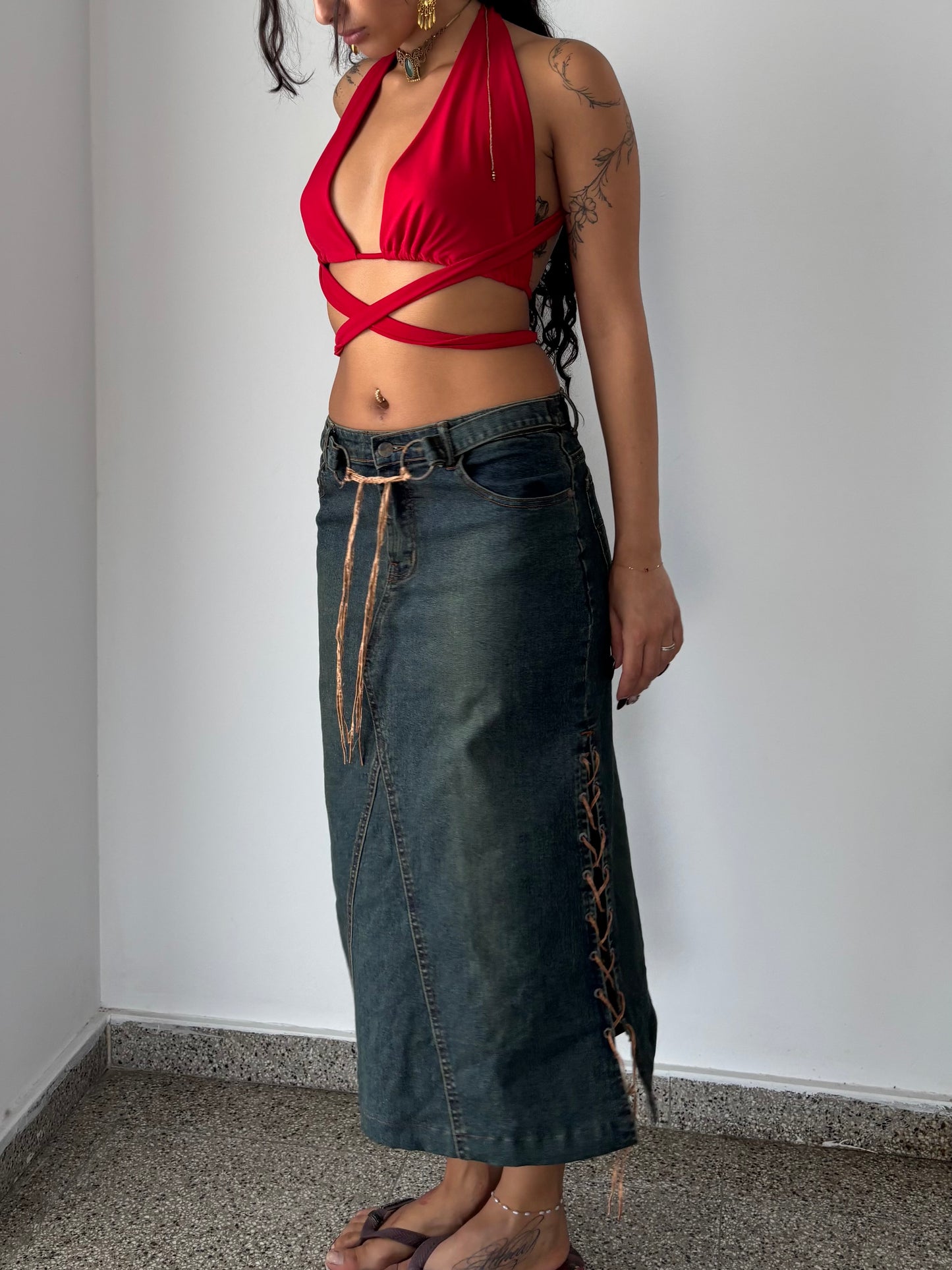 Y2K maxi denim skirt with tie details