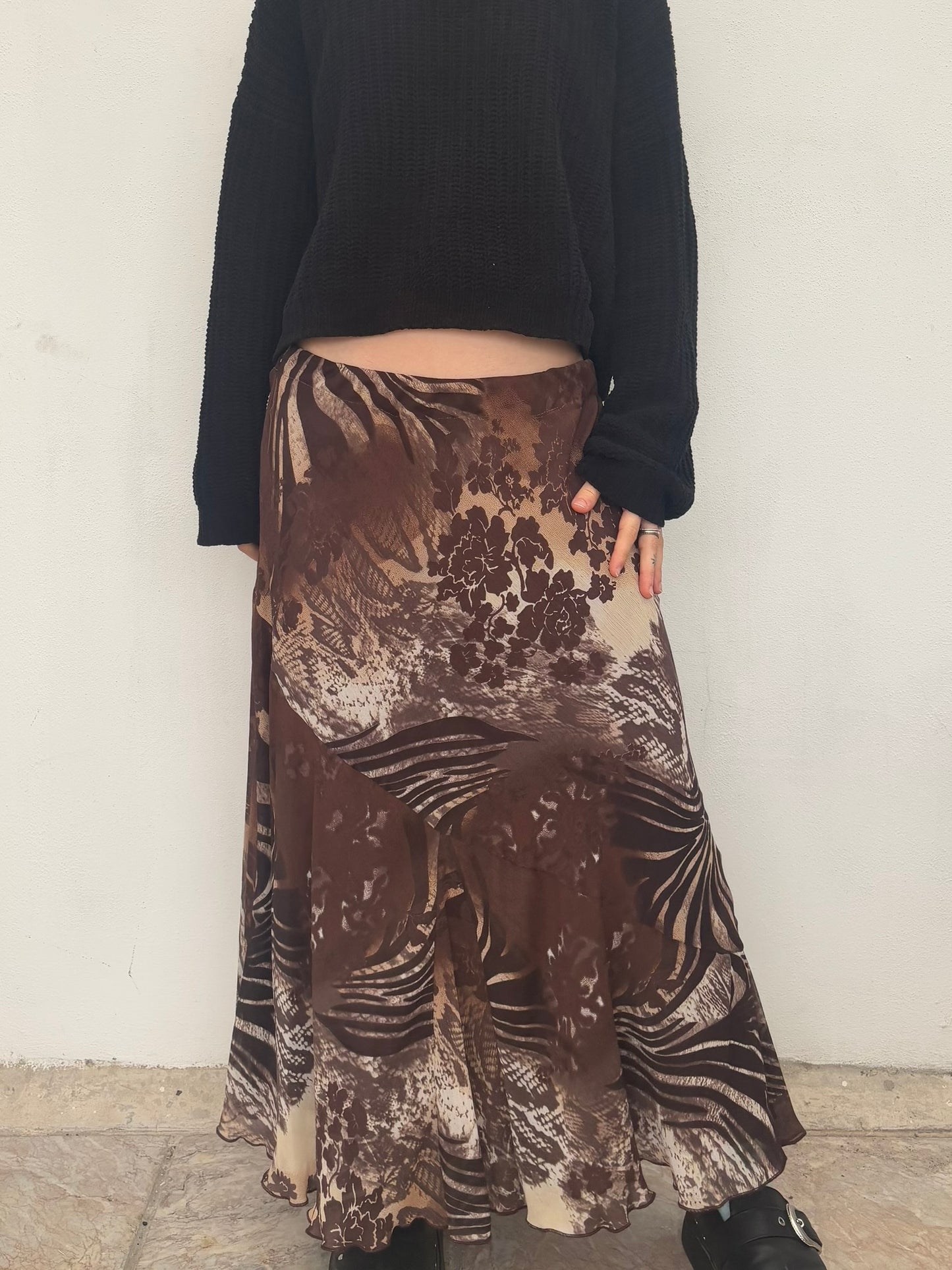 Brown floral/zebra print maxi skirt