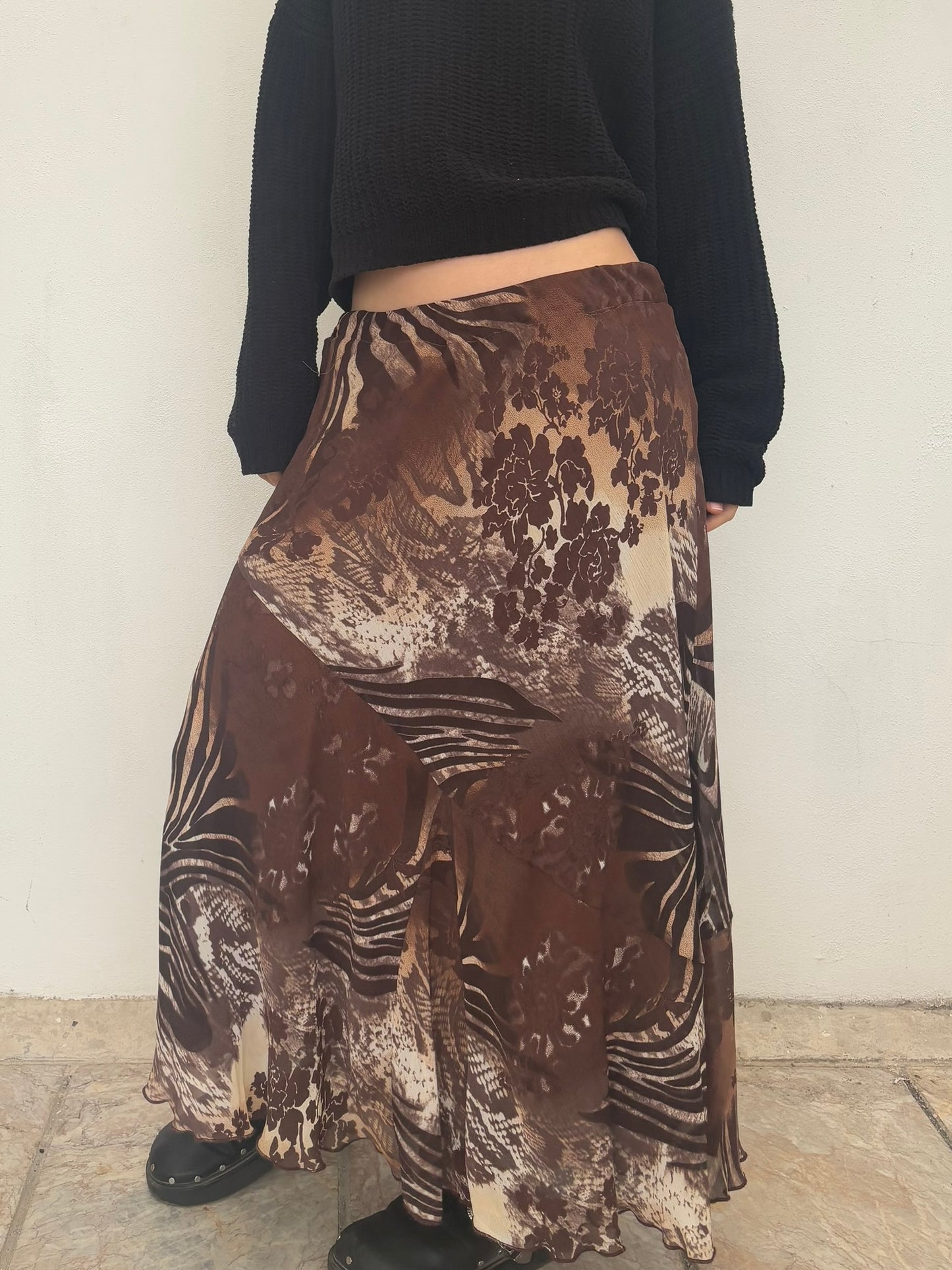 Brown floral/zebra print maxi skirt