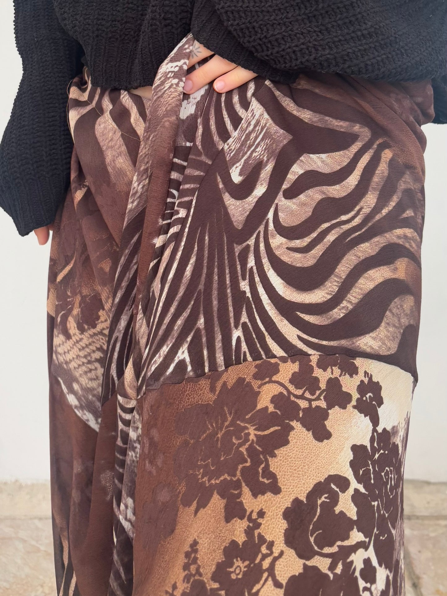 Brown floral/zebra print maxi skirt