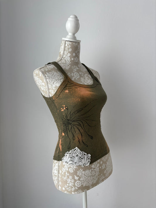 Reworked olive green tank top with bleach/ fabric paint/ lace