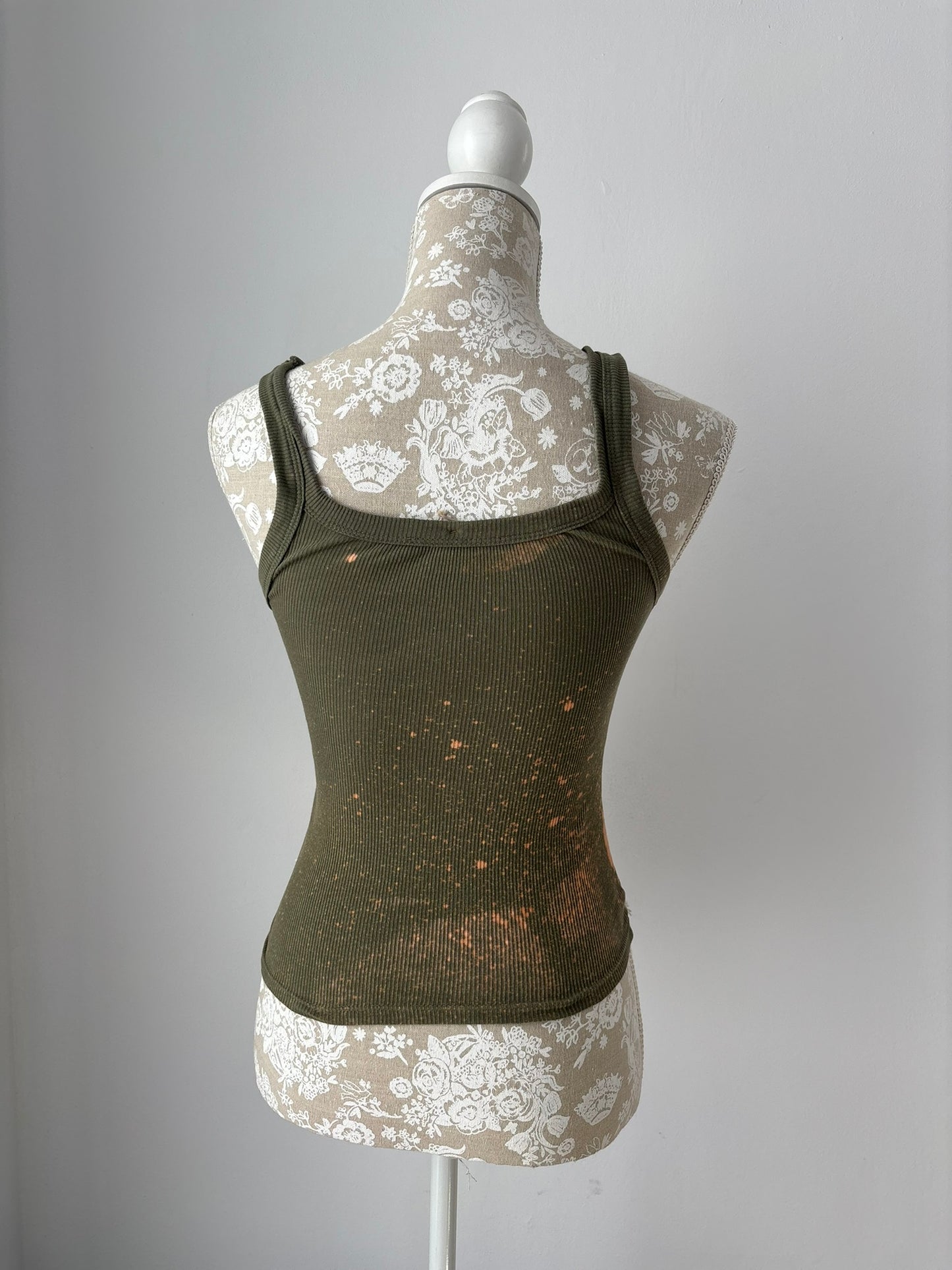 Reworked olive green tank top with bleach/ fabric paint/ lace